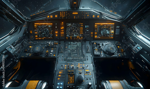 Fototapeta Naklejka Na Ścianę i Meble -  Futuristic spaceship cockpit with advanced control panels and displays.