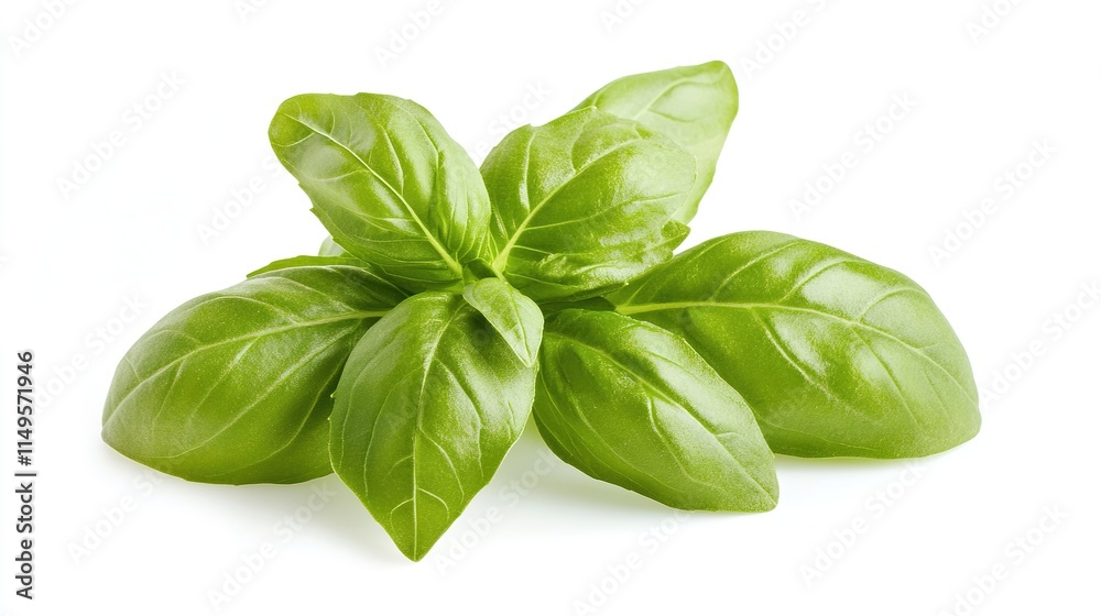 Stunning Close-Up of Fresh Basil Leaves Isolated on a White Background, Highlighting the Delicate Green Textures and Aroma of This Culinary Herb. Stunning Close-Up of Fresh Basil Leaves Isolated on a White Background, Highlighting the Delicate Green Textures and Aroma of This Culinary Herb.