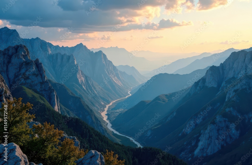 Fototapeta premium Majestic mountain range at sunset with serene river valley view