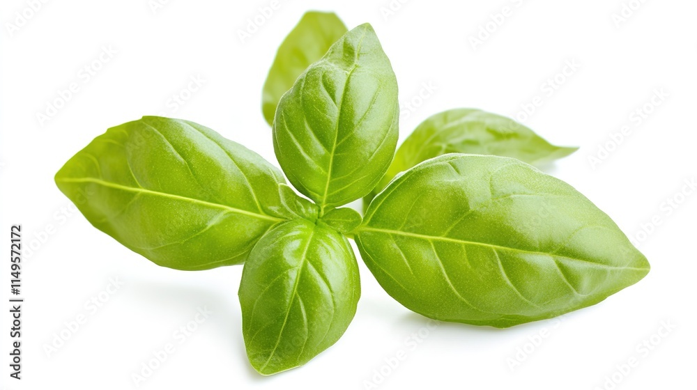 Stunning Close-Up of Fresh Basil Leaves Isolated on a White Background, Highlighting the Delicate Green Textures and Aroma of This Culinary Herb. Stunning Close-Up of Fresh Basil Leaves Isolated on a White Background, Highlighting the Delicate Green Textures and Aroma of This Culinary Herb.