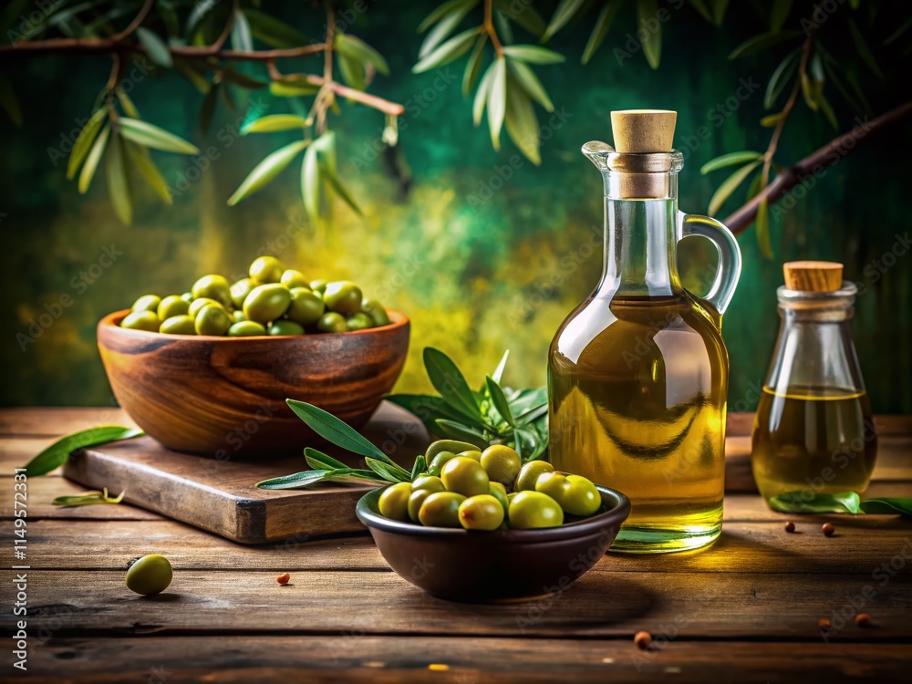 Rustic Mediterranean Still Life: Olive Oil Bottles & Olives - Copy Space Rustic Mediterranean Still Life: Olive Oil Bottles & Olives - Copy Space