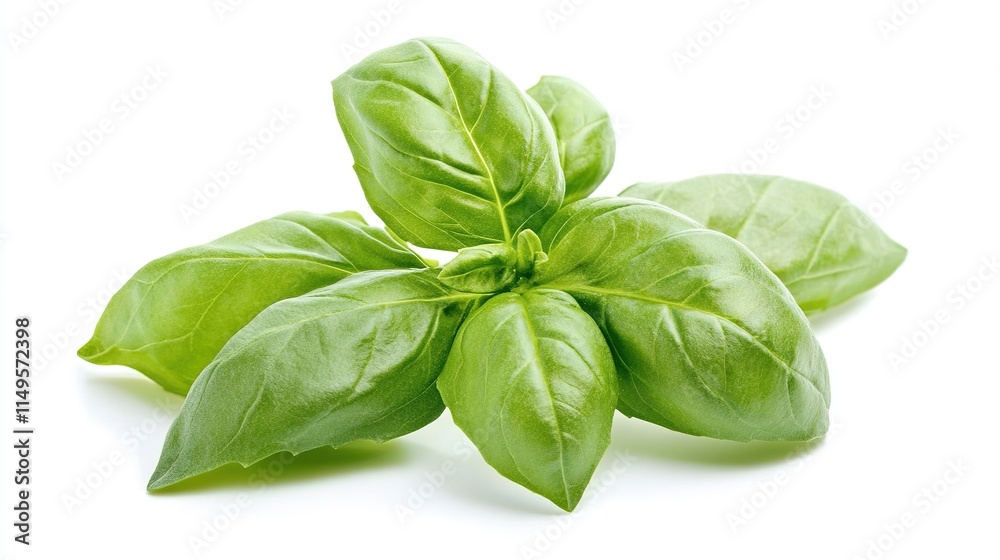 Stunning Close-Up of Fresh Basil Leaves Isolated on a White Background, Highlighting the Delicate Green Textures and Aroma of This Culinary Herb. Stunning Close-Up of Fresh Basil Leaves Isolated on a White Background, Highlighting the Delicate Green Textures and Aroma of This Culinary Herb.