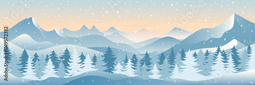 Winter mountain landscape, forest and sunset sky, blizzard and snowfall, 	vector illustration