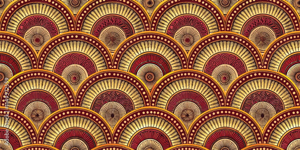 Fototapeta premium Vibrant red and gold fan pattern creating a luxurious and decorative texture.