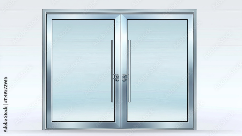 Double glass doors with metal frame and handles. Vector realistic mockup of open and closed doors isolated on transparent background. Glass gate, entrance in store, mall or office Double glass doors with metal frame and handles. Vector realistic mockup of open and closed doors isolated on transparent background. Glass gate, entrance in store, mall or office