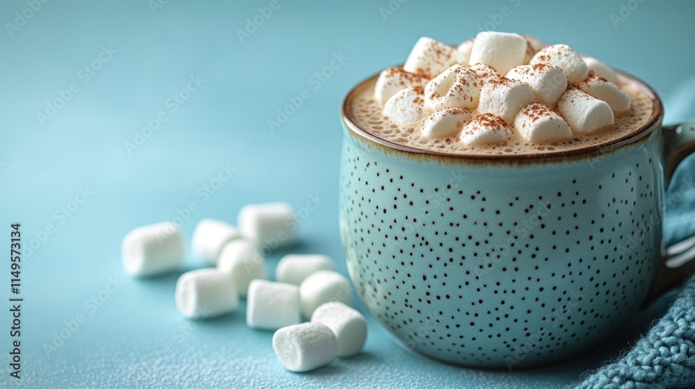 Hot chocolate with marshmallows in a teal mug. Hot chocolate with marshmallows in a teal mug.