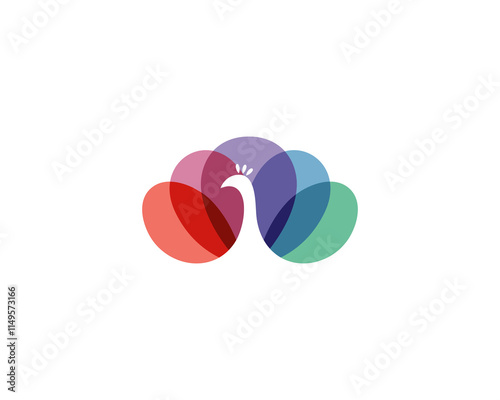 Colorful peacock bird in negative space vector logo. Beautiful peafowl tail icon logotype. photo