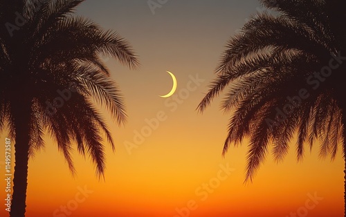 Serene Sunset Silhouette: Palm Trees and Crescent Moon Embrace the Warm Twilight Sky photo