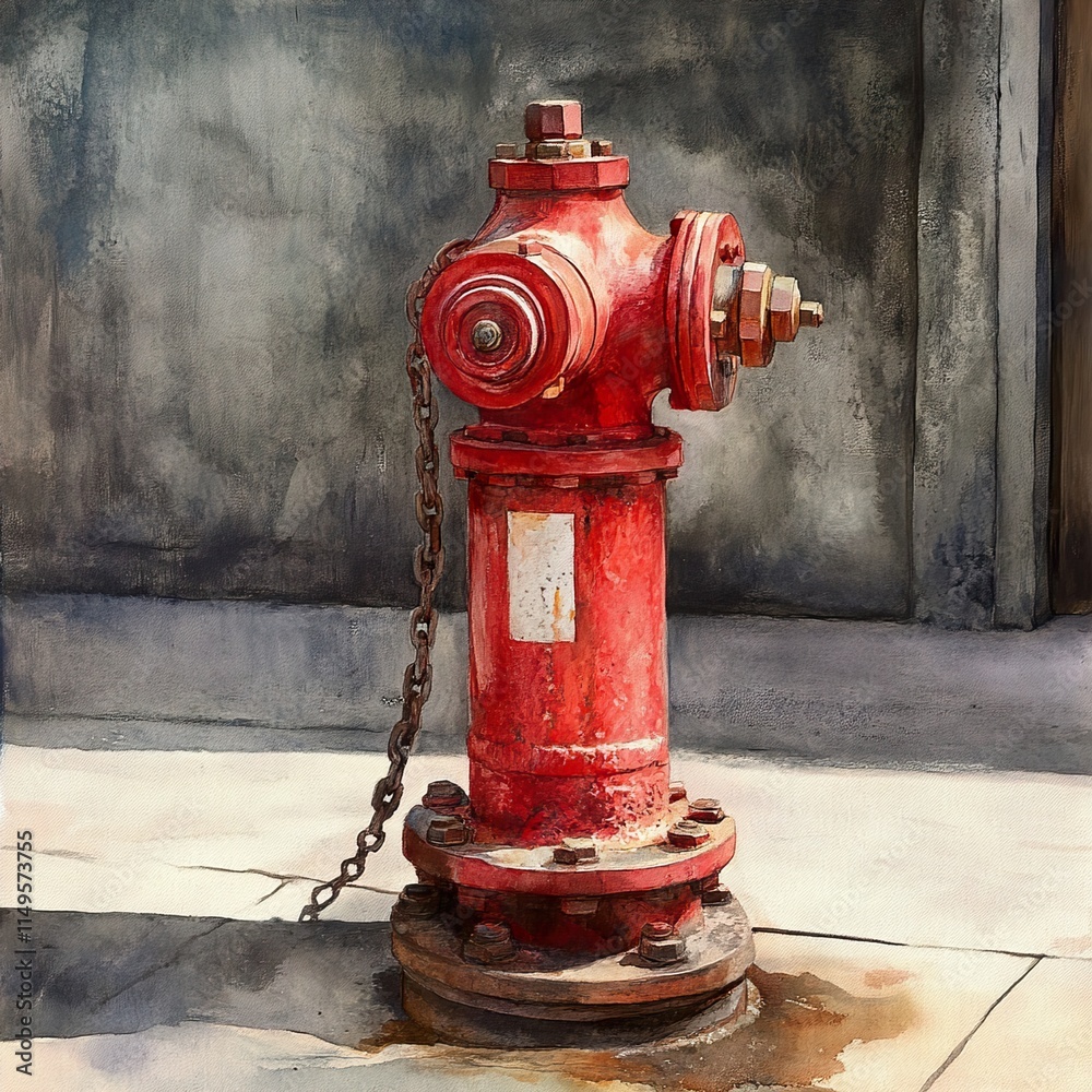 Red Fire Hydrant on Urban Street: Watercolor Painting Red Fire Hydrant on Urban Street: Watercolor Painting
