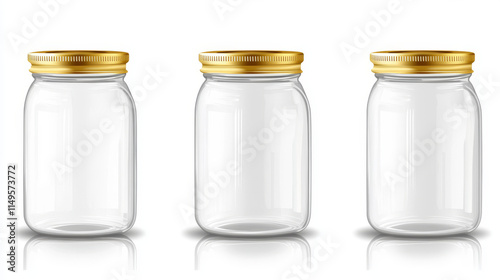 Empty glass jars different shapes with gold lids isolated on transparent background. Vector realistic mockup of empty clear bottles with screw cap for jam, canning and preserve food photo