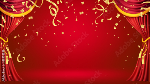 Red curtains realistic illustration.Theater fabric silk decoration for movie cinema or opera hall. Curtains and draperies interior decoration object for theater stage and new year chinese