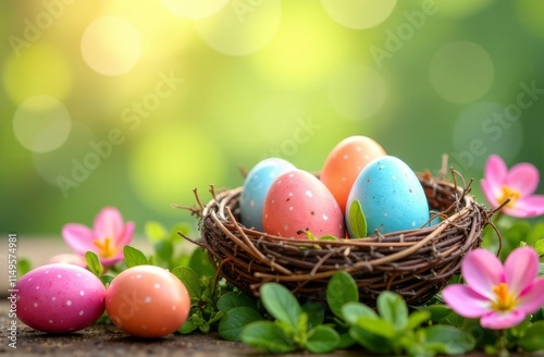 Easter entourage surrounded by colorful festive eggs in anticipation of the holiday
