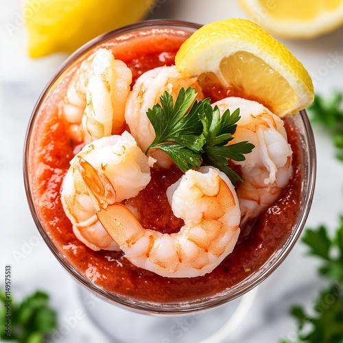 A classic and elegant shrimp cocktail with large, chilled shrimp and a tangy cocktail sauce, served in a clear glass bowl photo