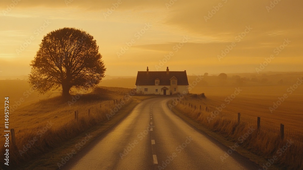 Fototapeta premium Peaceful Countryside Road Leading to Farmhouse at Dusk