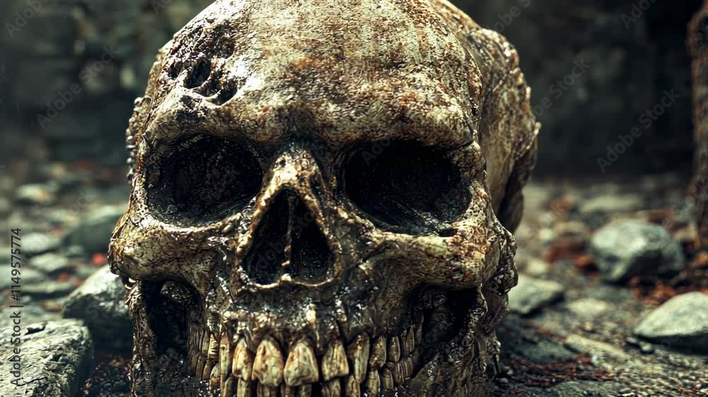 Realistic Old Skull Surrounded by Stones and Weathered Environment Realistic Old Skull Surrounded by Stones and Weathered Environment