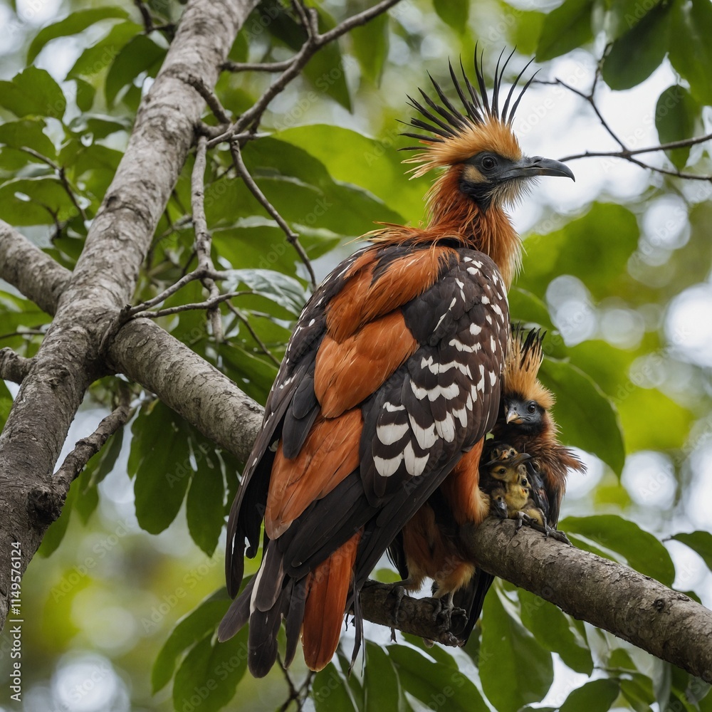 A mother hoatzin with her chick on her back, resting on a branch, clear with a white background. A mother hoatzin with her chick on her back, resting on a branch, clear with a white background.