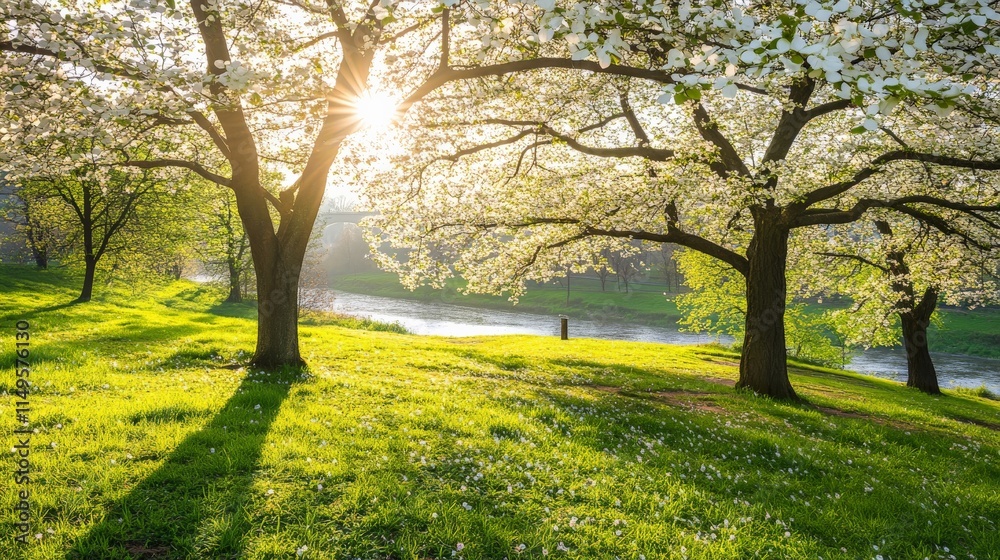 Serene Riverbank with Blooming Dogwood Trees Serene Riverbank with Blooming Dogwood Trees