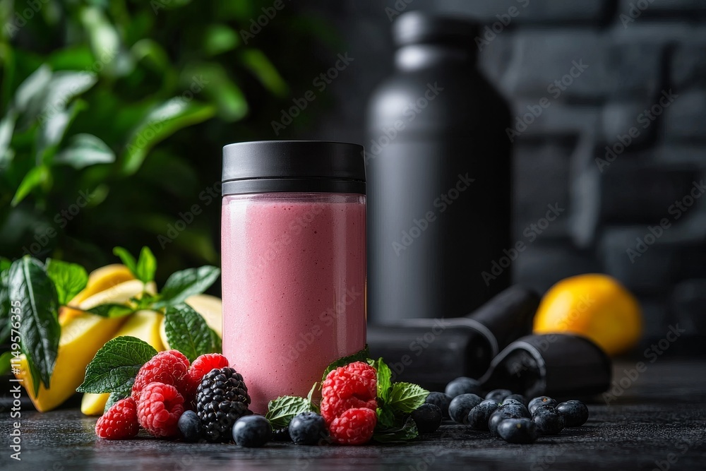 Fresh and Healthy Smoothie in a Jar Surrounded by Berries and Fruits with Fitness Accessories in a Bright Indoor Environment Fresh and Healthy Smoothie in a Jar Surrounded by Berries and Fruits with Fitness Accessories in a Bright Indoor Environment