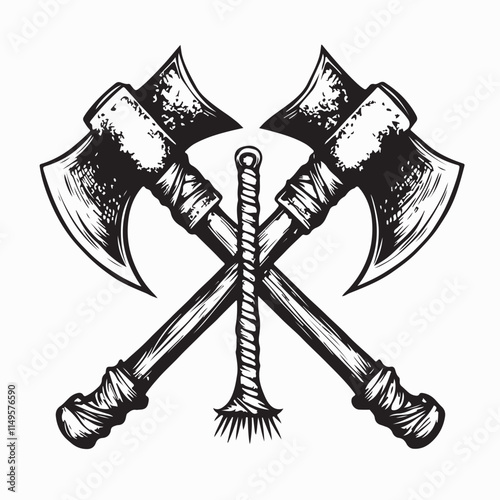Crossed Battle Axes image vector. black and white Crossed Battle Axes isolated on white background.