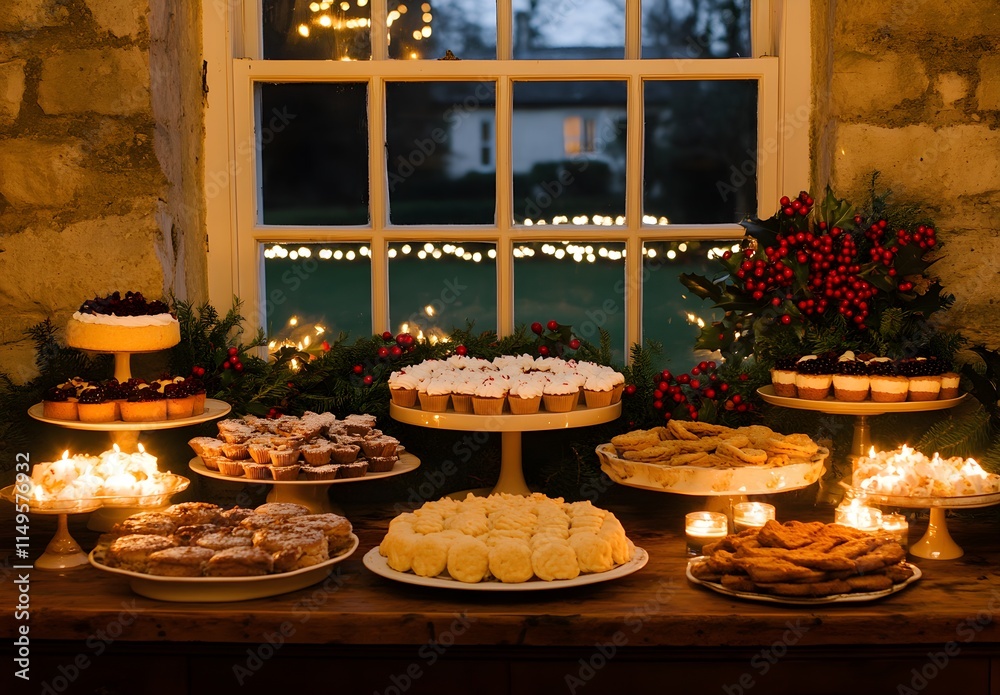 A festive Christmas dessert table with various cookies, cakes, and sweets, illuminated by candles. The scene is set in an old-world setting with decorations like red berries or mistletoe hanging A festive Christmas dessert table with various cookies, cakes, and sweets, illuminated by candles. The scene is set in an old-world setting with decorations like red berries or mistletoe hanging