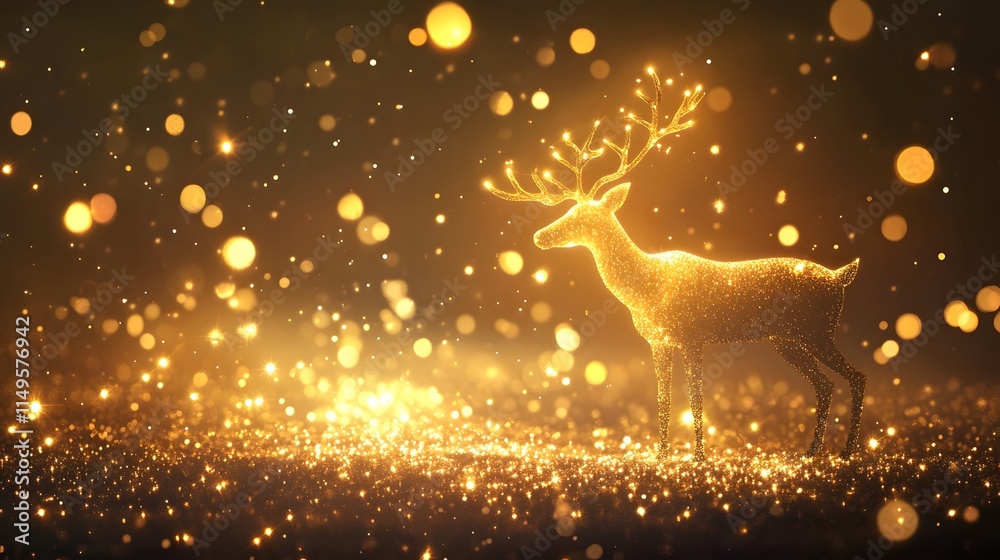 Golden Reindeer Stands in Sparkling Festive Lights Golden Reindeer Stands in Sparkling Festive Lights
