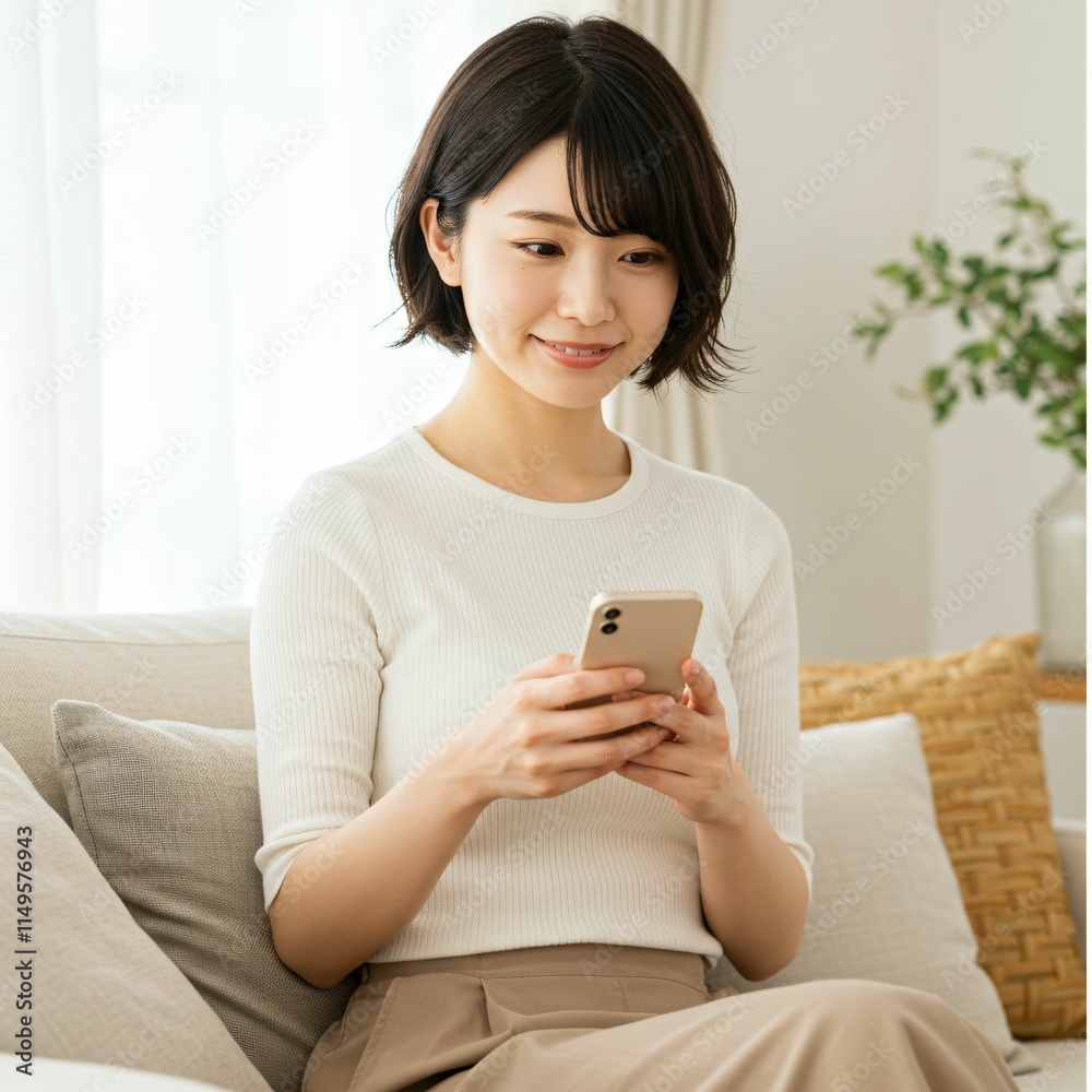 Young Japanese Woman Relaxing on a Sofa While Using a Smartphone: A Lifestyle Scene of Comfort and Technology Young Japanese Woman Relaxing on a Sofa While Using a Smartphone: A Lifestyle Scene of Comfort and Technology