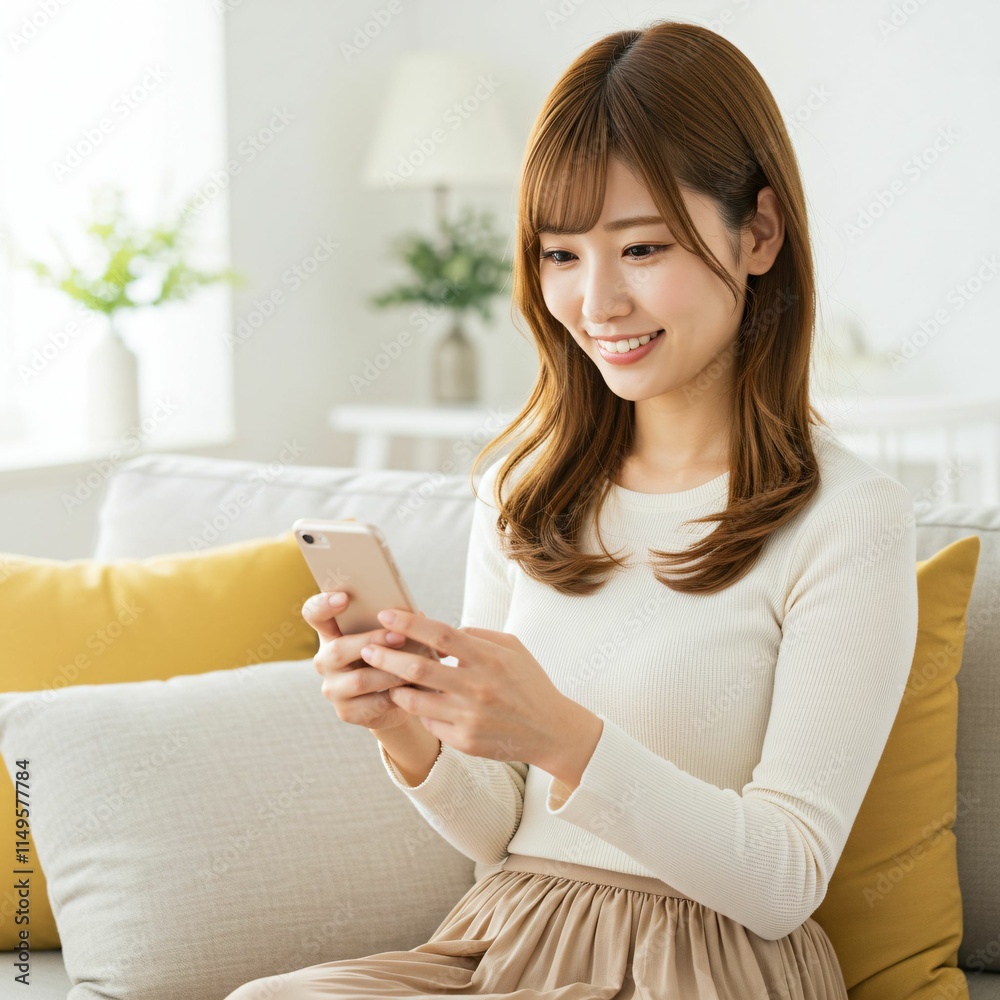 Young Japanese Woman Relaxing on a Sofa While Using a Smartphone: A Lifestyle Scene of Comfort and Technology Young Japanese Woman Relaxing on a Sofa While Using a Smartphone: A Lifestyle Scene of Comfort and Technology