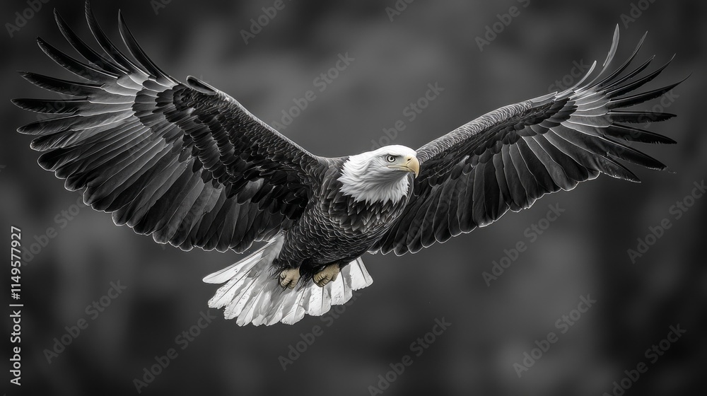 Obraz premium With wings fully extended, a majestic bald eagle glides through the sky, embodying grace and power. This breathtaking moment reflects the beauty of nature in motion