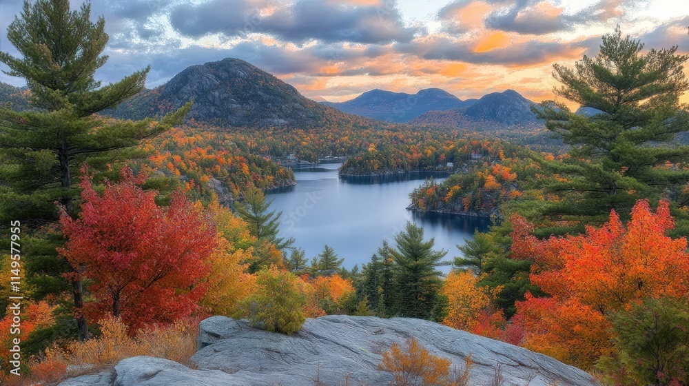Obraz premium Scenic autumn landscape overlooking a winding lake nestled amongst colorful foliage and mountains at sunset.