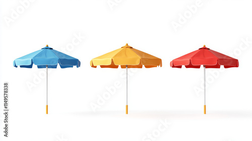 Beach umbrella mockups set isolated on white background. Vector realistic illustration of open sunshade parasol with blank surface for branding, garden or poolside protective accessory, vacation relax photo