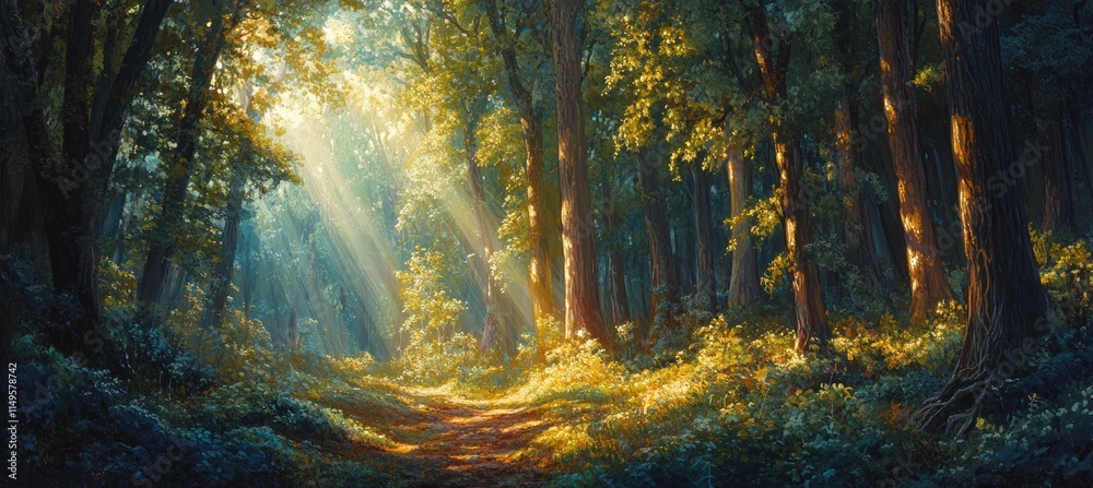 Obraz premium Light filters through the trees onto a forest path lined with wildflowers, evoking a peaceful, almost mystical atmosphere among natures untamed beauty and splendor.