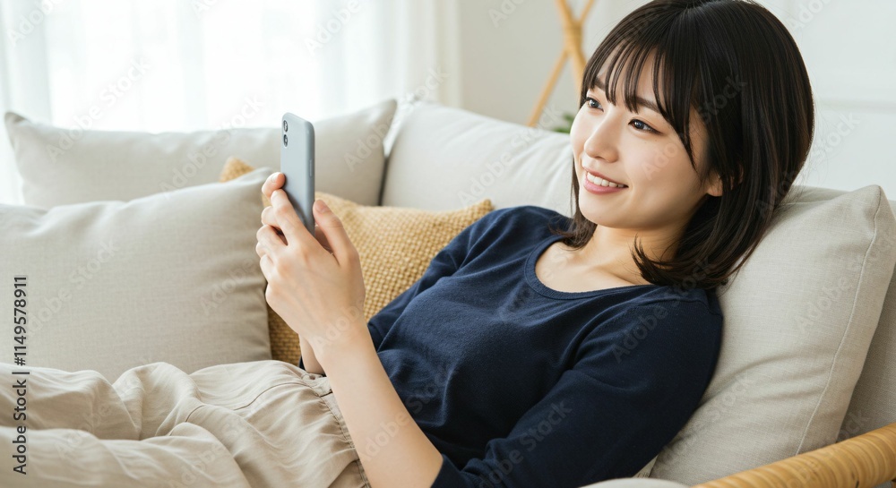 Young Japanese Woman Relaxing on a Sofa While Using a Smartphone: A Lifestyle Scene of Comfort and Technology Young Japanese Woman Relaxing on a Sofa While Using a Smartphone: A Lifestyle Scene of Comfort and Technology