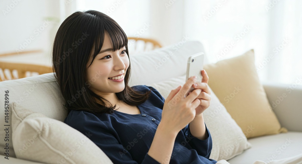 Young Japanese Woman Relaxing on a Sofa While Using a Smartphone: A Lifestyle Scene of Comfort and Technology Young Japanese Woman Relaxing on a Sofa While Using a Smartphone: A Lifestyle Scene of Comfort and Technology