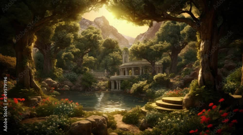 A garden scenery, a pond, and beautiful flowers in the afternoon. 4k animated video