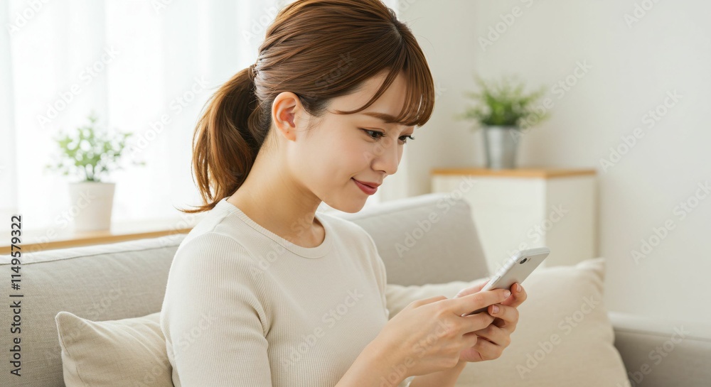 Modern Japanese Woman Using a Smartphone at Home: A Cozy Scene of Relaxation and Connection Modern Japanese Woman Using a Smartphone at Home: A Cozy Scene of Relaxation and Connection