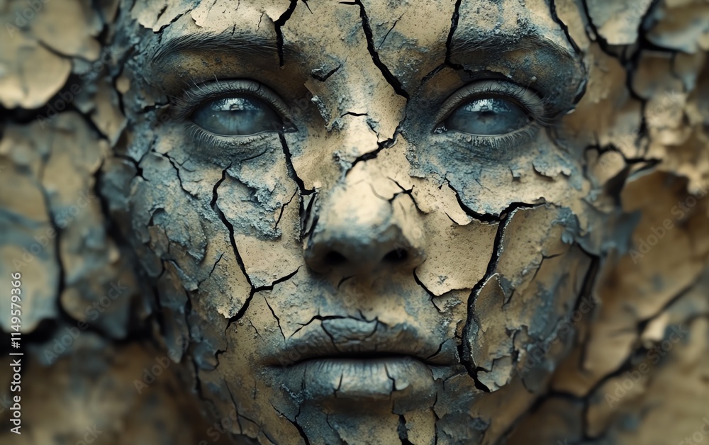 Detailed closeup of a face with cracked, dried mud, creating an eerie and surreal appearance, texturefocused, ultrarealistic, 8K Detailed closeup of a face with cracked, dried mud, creating an eerie and surreal appearance, texturefocused, ultrarealistic, 8K