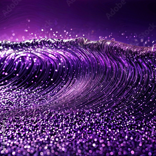 The image shows a wave of glittering, purple-tinted liquid with a smooth, wavy texture. The