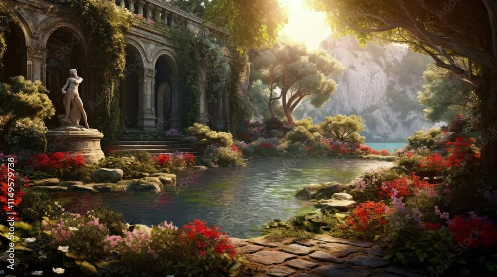 A garden scenery, a pond, an ancient building, and a statue in the morning. 4k animated video