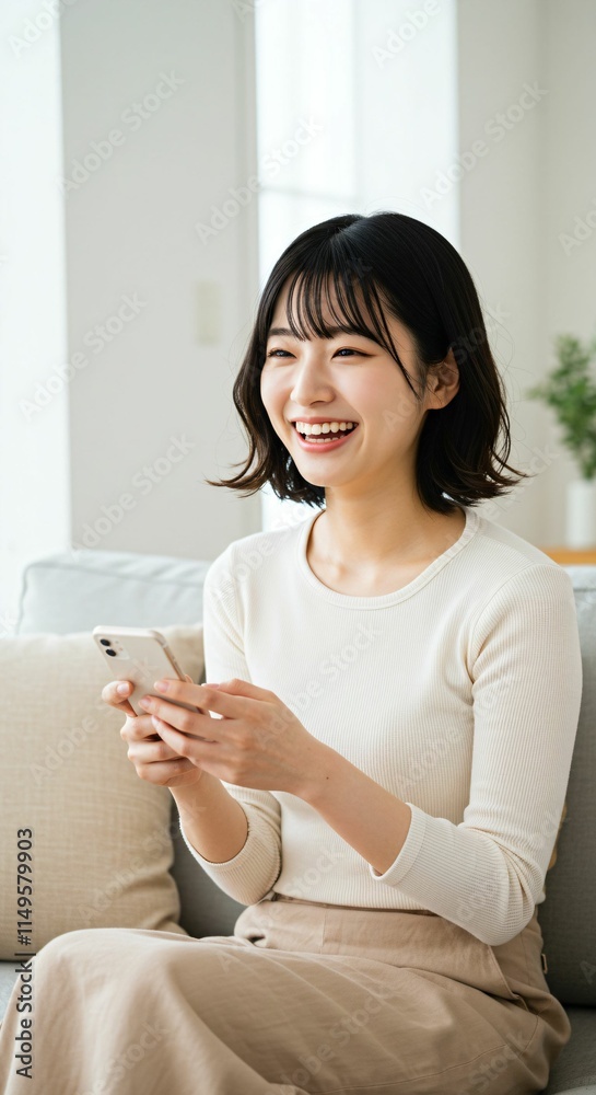 Modern Japanese Woman Using a Smartphone at Home: A Cozy Scene of Relaxation and Connection