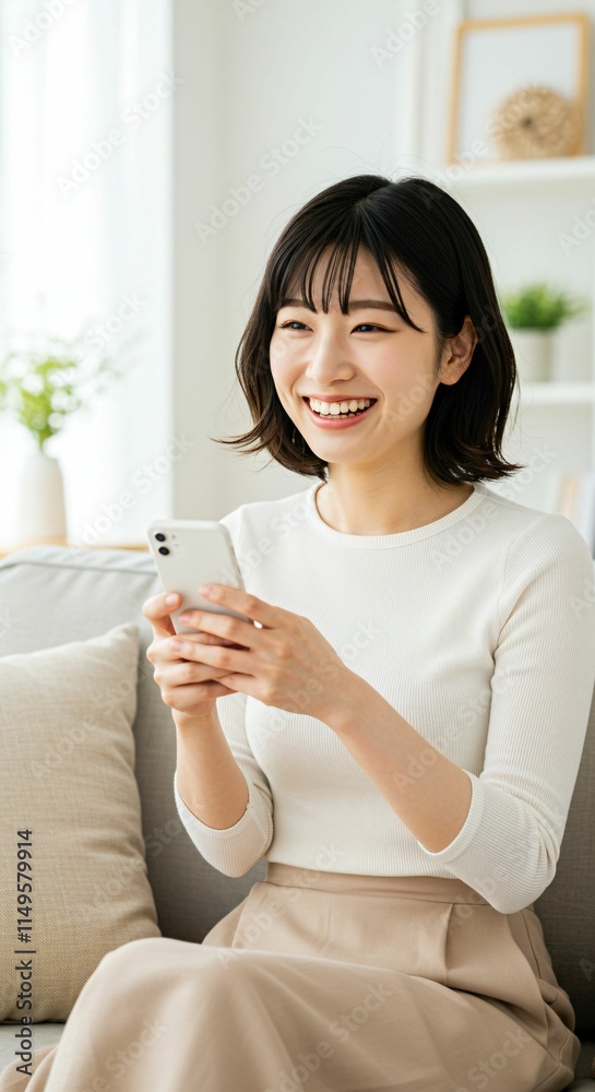 Modern Japanese Woman Using a Smartphone at Home: A Cozy Scene of Relaxation and Connection Modern Japanese Woman Using a Smartphone at Home: A Cozy Scene of Relaxation and Connection