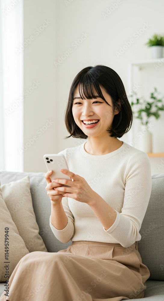 Modern Japanese Woman Using a Smartphone at Home: A Cozy Scene of Relaxation and Connection Modern Japanese Woman Using a Smartphone at Home: A Cozy Scene of Relaxation and Connection