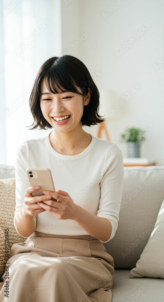 Modern Japanese Woman Using a Smartphone at Home: A Cozy Scene of Relaxation and Connection Modern Japanese Woman Using a Smartphone at Home: A Cozy Scene of Relaxation and Connection