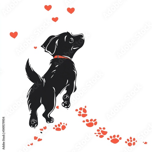 A playful black dog surrounded by hearts and paw prints symbolizes love and joy. photo