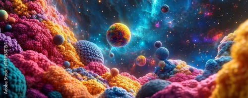 A crocheted doll on a vibrant, colorful planet in a whimsical space setting, floating with colorful nebulae and planets, artistic and playful, 8K