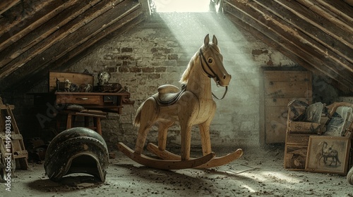 Vintage wooden rocking horse in sunlit attic with dust particles photo