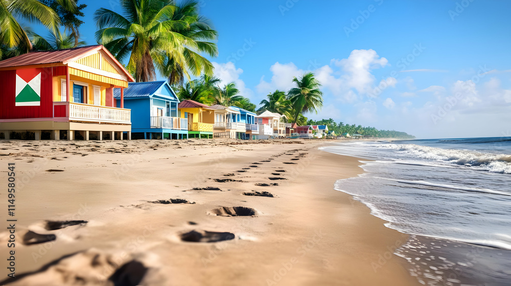 Obraz premium Vibrant Beach Houses, Tropical Paradise Illustration