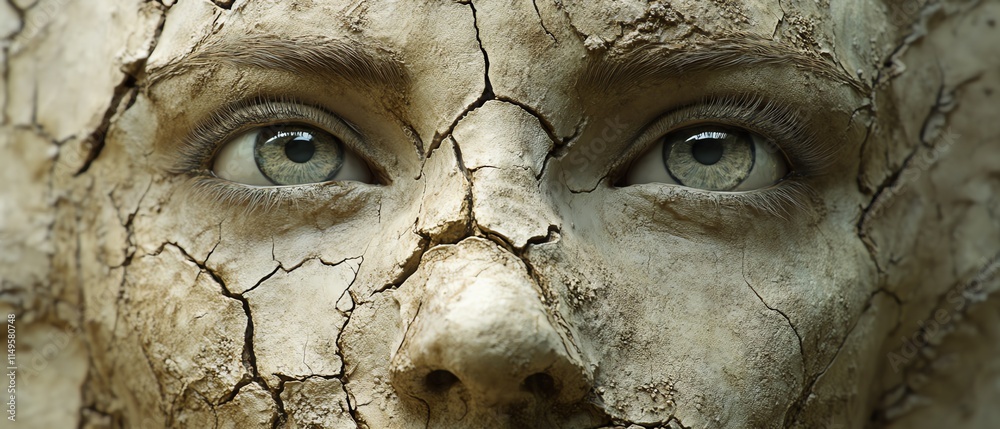 A face partially covered in cracked, dried mud, creating a textured and surreal effect, intricate detail and dramatic lighting, hyperrealistic, 8K A face partially covered in cracked, dried mud, creating a textured and surreal effect, intricate detail and dramatic lighting, hyperrealistic, 8K