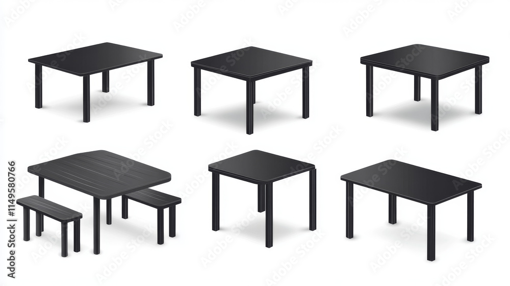 Black rectangular and square kitchen or office table. Realistic vector illustration set of plastic home or cafe furniture with empty tabletop. Stand for exhibition show or restaurant food display. Black rectangular and square kitchen or office table. Realistic vector illustration set of plastic home or cafe furniture with empty tabletop. Stand for exhibition show or restaurant food display.