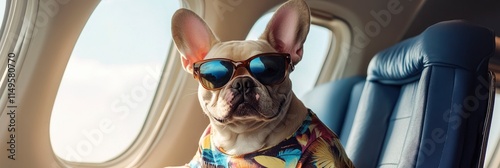 A French bulldog wearing sunglasses and a colorful shirt, sitting on an airplane.