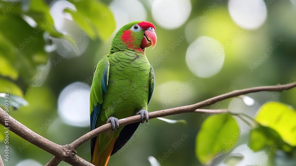 Obraz premium Stunning Anime-Style Red-Billed Green Parrot on a White Transparent Background, Embracing the Fantasy and Vibrant Colors of Japanese Animation.